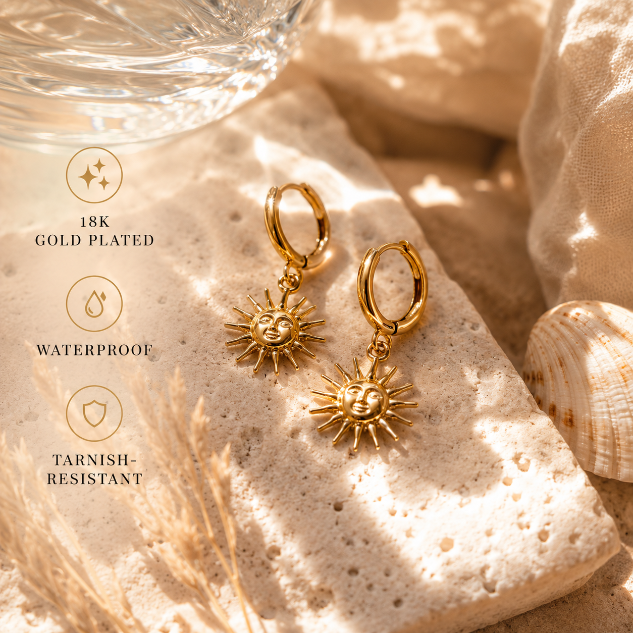 18K gold plated waterproof and tarnish-resistant sun hoop earrings