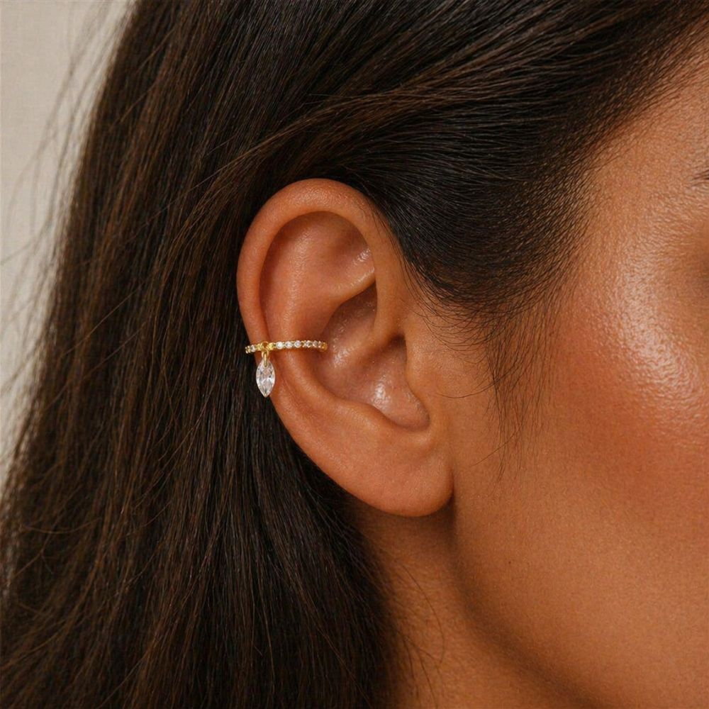 Gold teardrop ear cuff no piercing worn on cartilage, clip-on helix earring with delicate CZ drop
