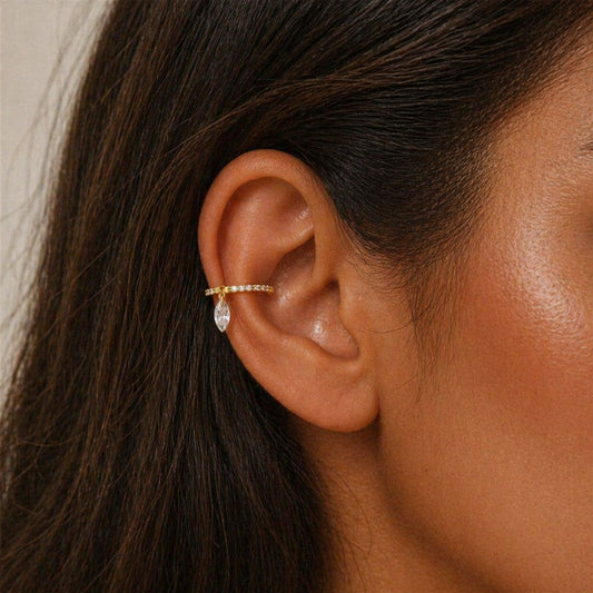 Gold teardrop ear cuff no piercing worn on cartilage, clip-on helix earring with delicate CZ drop