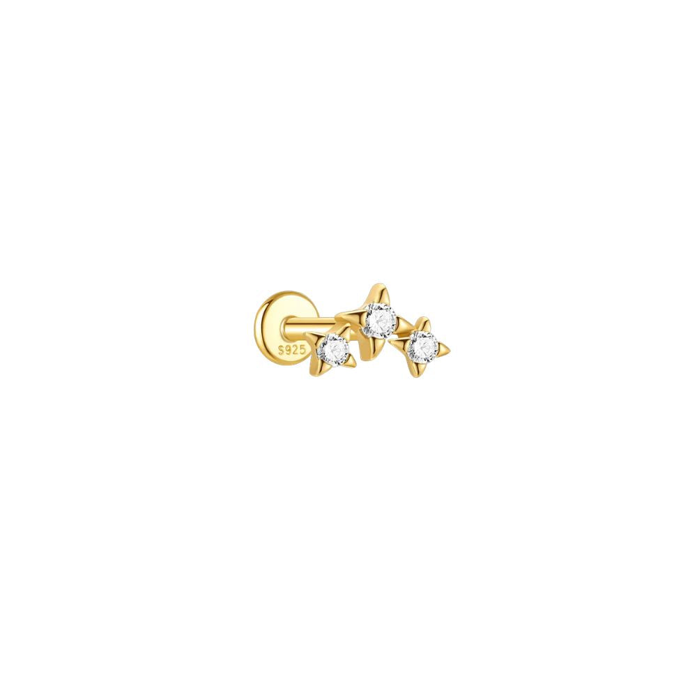 Trinity Spark gold stud earring with cubic zirconia three stone design in 925 sterling silver