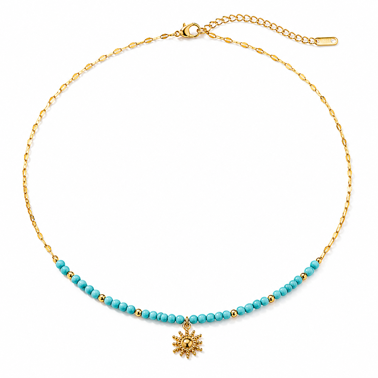 Turquoise Sun Necklace with blue beads and gold sun pendant on white background