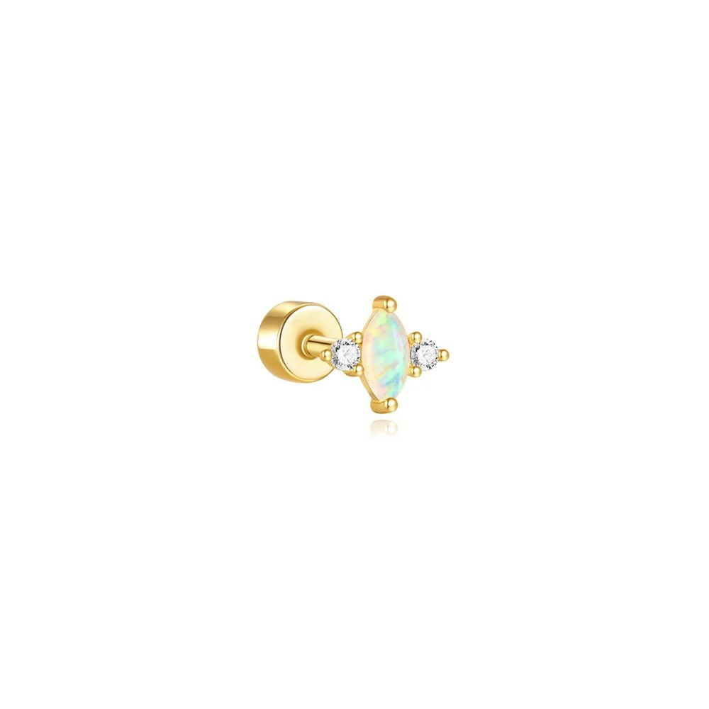 Opal stud earring in 925 sterling silver with crystal accents, ideal for cartilage and ear stack styling