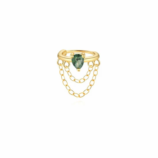 Gold cartilage cuff earring with chains and moss agate for ear stack styling