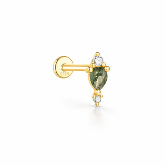 moss agate tragus stud earring in 925 sterling silver gold finish