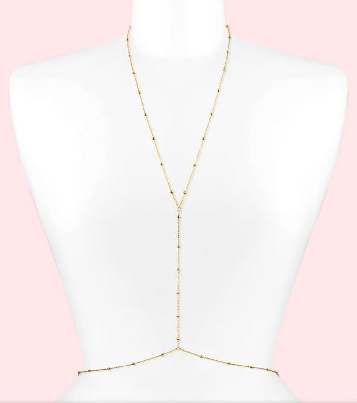 Full view of minimalist gold waist chain with bead details – adjustable and waterproof