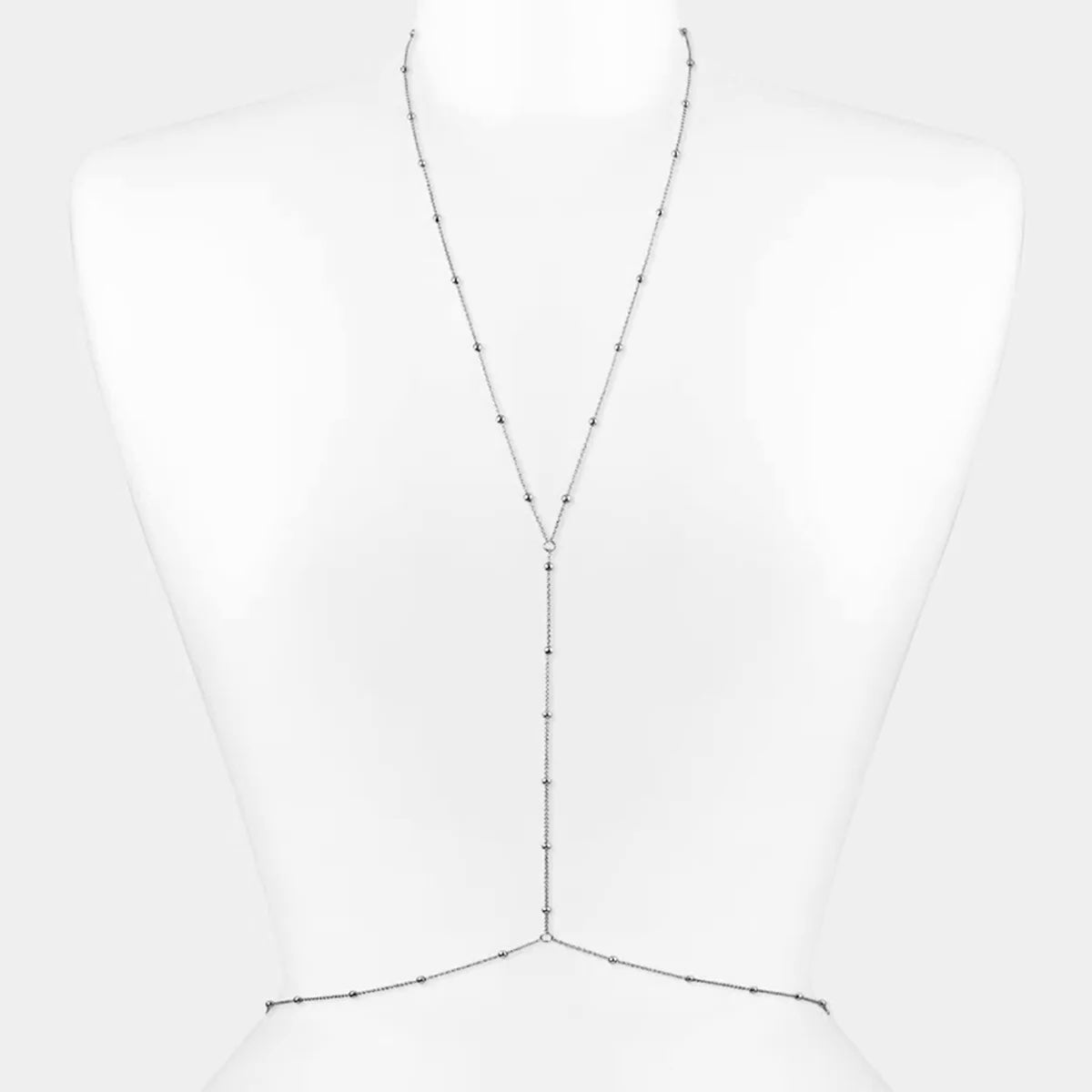 Silver minimalist body waist chain on mannequin – stainless steel Y-shaped design