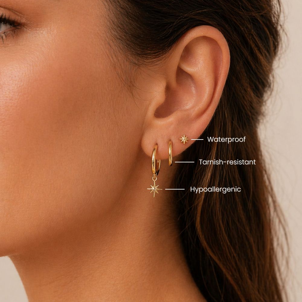 Gold north star earrings ear stack showing waterproof tarnish-resistant hypoallergenic jewelry worn on ear