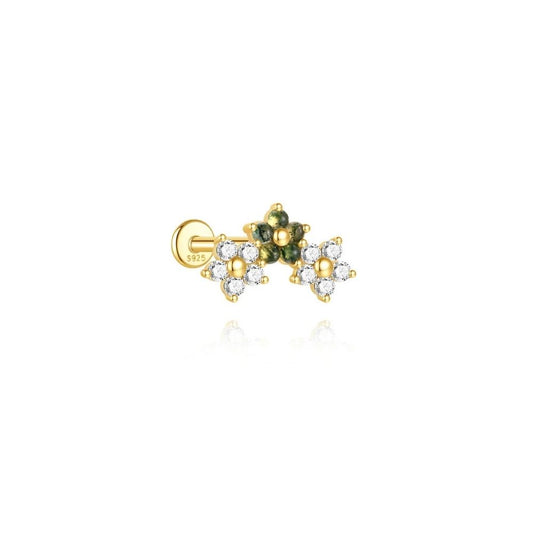 Floral cartilage stud earring with green stones and crystal cluster in 925 sterling silver gold finish